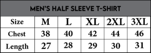 Half Sleeve T-Shirt Size Chart